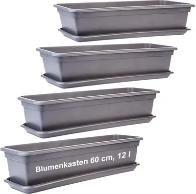 Produktbild von Blumenkasten anthrazit 60cm mit Untersetzer, 4er-Set, wetterfest, langlebig
