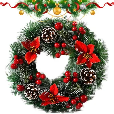 Productafbeelding van Kerstkrans met dennen takken, rode bloemen en bessen, 30 cm, geschikt voor de voordeur