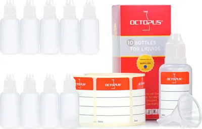 Produktbild von 10 Plastikflaschen 30 ml LDPE, G14, Tropfeinsatz, Deckel weiß, 1 Mini-Trichter