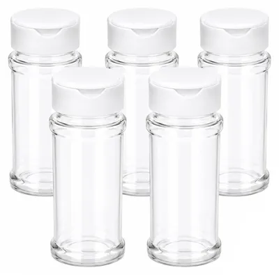 Productafbeelding van Set van 5 kunststof kruidenpotjes met zwarte deksels, 100 ml