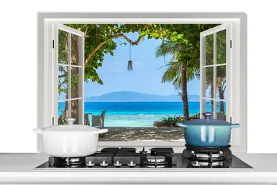 Obrázok produktu pre MuchoWow® Splashback kuchyňa - kuchynský backsplash - ochrana steny pre sporák a drez - pohľad - strom - more - palma - kopec - pláž - modrá 100x65 - hliníkový dibond (alternatíva skleneného splashbacku) - odolný voči teplu - splashback sporáka - ochrana dlaždíc - kuchynský backsplash - kuchynský backsplash - ochrana steny - dibond - splashback sporáka