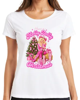 Obrázok produktu pre Tričko s potlačou "Holly Dolly Christmas Pink Country Cowgirl", biela farba, veľkosť 3XL
