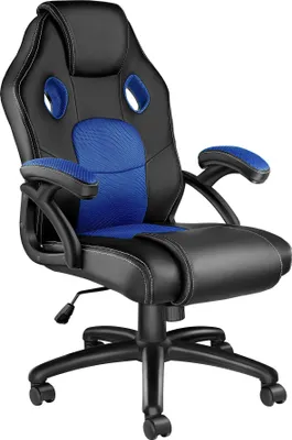A black and blue ergonomic office chair with a white background.