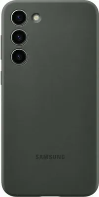 The back of a dark green Samsung phone case with a camera cutout and the Samsung logo.