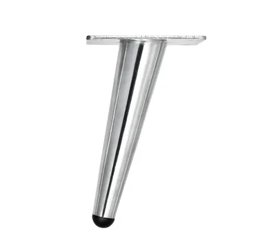 A single chrome furniture leg on a white background.