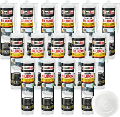 Produktbild von Isolbau Sanitär Silikon 15 x 300 ml Transparent - Hochelastischer Silikon-Dichtstoff für Abdichtungen & Fugen – Schimmelresistent, wasserdicht -  Kartusche
