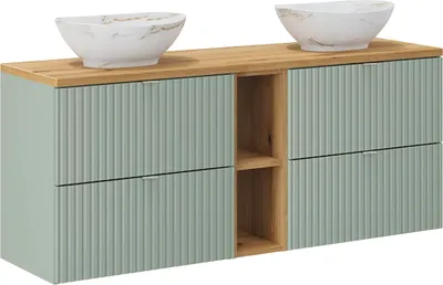 Produktbild von Doppelwaschtisch 140.4cm Jade mit 4 Schubladen, Grün und Holzoptik
