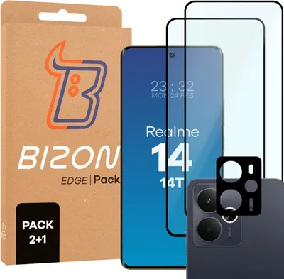 Produktbild von Gehärtetes Glas - 2 Stück + Kameraschutz für Realme 14 5G / 14T 5G, Bizon Glass Edge Pack, Schwarz
