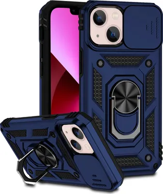 Image de Étui pour iPhone 14 étui double couche avec couvercle coulissant pour l'appareil photo et support annulaire bleu