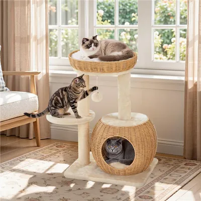 Produktbild von Yaheetech Kratzbaum aus PE-Rattan, 72 cm, mit Katzenhöhle & Liegeplatz, abnehmbare Plüschmatte, Rattan-Optik, für kleine & mittelgroße Katzen, Beige