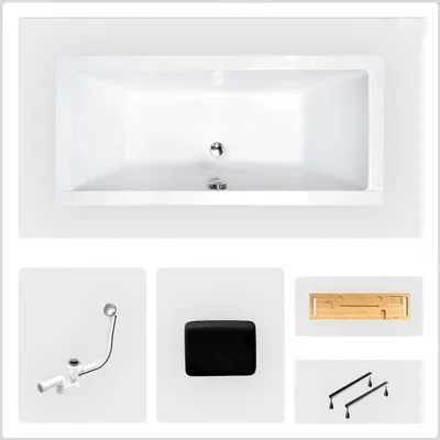 Produktbild von Rechteckige Badewanne - 190 x 90 cm - ohne Verkleidung - mit Füßen - Kopfstütze - Bambusablage - Chromablauf - QUADRO