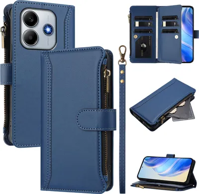 Obrázek produktu pro Pouzdro pro Xiaomi Redmi Note 14 4G, zipem, peněženkovéPolyuretankožené flip pouzdro s kapsami na karty, stojánkem a poutkem na ruku modrý