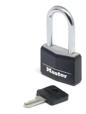 Produktbild von Master Lock 9140EURDBLKLF Vorhängeschloss Mittlerer Bügel mit Schlüssel aus Aluminium mit Vinylabdeckung, Schwarz, 4 x 7,6 x 1,3 cm