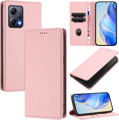 Image de Etui en cuir pour Xiaomi Poco X5/Redmi Note 12 5G, cuir Litschi, étui portefeuille avec fentes pour cartes et support Rose