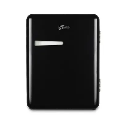 A black retro-style mini refrigerator is shown against a white background.