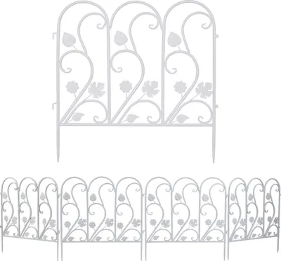Two sets of white metal garden edging with decorative scroll and leaf designs, shown against a white background.