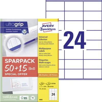 Produktbild von Avery Zweckform 6602 Universal-Etiketten, A4 mit ultragrip, Adressaufkleber, 70 x 36 mm, 65 Bogen/1.560 Etiketten, weiß