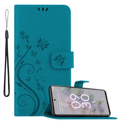 Produktbild von Cadorabo Hülle für Google PIXEL 6A in FLORAL BLAU Schutzhülle im Blumen Design mit Magnetverschluss, Standfunktion und Kartenfächern Flip Case Flower Cover Etui Handy Klapp Hülle Book Tasche