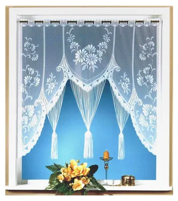 Produktbild von Raffinierte Scheibengardine Fensterbild M-Bogen Fadengardine mit gebogter Spitze und Blumenmotiv