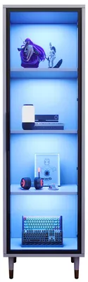 Obrázek produktu pro Skleněná vitrína Zimilo LED, bílá, 170 cm, volně stojící vitrína s tónovaným sklem, osvětlením s měnícími se barvami a flexibilním otevíráním dvířek