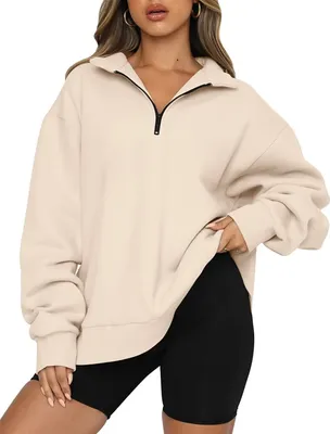 Produktbild von ASKSA Damen Sweatshirts 1/4 Reißverschluss Pullover Langarm Oversized Tunika Oberteil Tops, Aprikose, M