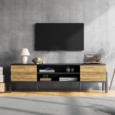 Produktbild von TV-Schrank mit 2 Schränke und Offener Lagerraum TV-Tisch TV-Ständer bis zu 70 Zoll 175*39.5*53cm Holzfarbe+Schwarz