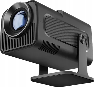 A black portable projector on a stand, shown from a low angle against a white background.