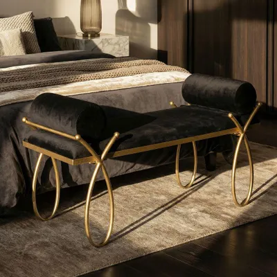 Immagine prodotto di Panca in tessuto nera con struttura in metallo dorato cm 112,5x49x53
