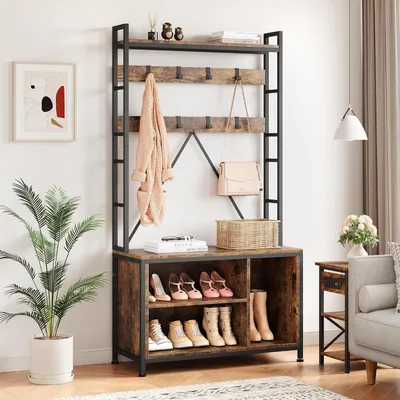 Produktbild von Garderobe mit Sitzbank 5-in-1, 17 Haken, Schuhregal und Schubladen, Braun