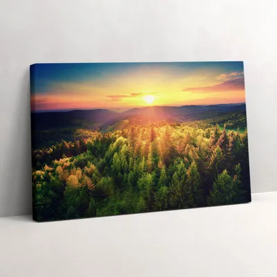 Produktbild von Sonnenuntergang über den Waldhügeln – Leinwandbild Wandbild – 30x20 cm – Leinwandbilder – Wandbilder – Schlafzimmer – Flur