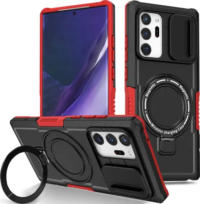 Produktbild von Handyhülle für Samsung Galaxy Note 20 Ultra 5G Kompatibel mit MagSafe, Robuste Hülle mit Schiebe Kamera Schutz, Magnetischer Ringständer Schwarz Rot