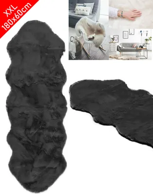 Produktbild von XXL Lammfell 180x60cm Teppich Kunstfell Bettvorleger Schaffell Imitat Doppelfell Schwarz
