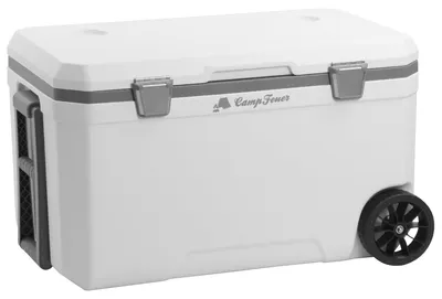 Image de Glacière CampFeuer blanche de 70 litres avec roulettes, glacière à roulettes, glacière isotherme avec poignées, glacière mobile, glacière à glace, mini-réfrigérateur