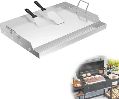 Zdjęcie produktu dla LARS360 Płyta grillowa ze stali nierdzewnej 54x41cm - grubość 2mm z uchwytem - uniwersalne zastosowanie do grilla gazowego i węglowego, z łopatką do grilla i skrobakiem, łatwa do czyszczenia i wszechstronna do grillowania