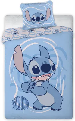A Stitch-themed duvet cover and pillowcase set displayed on a white bed.