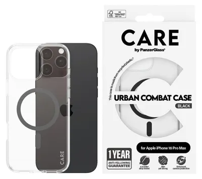 Image de PanzerGlass CARE by ® Flagship Case Transparent Urban Combat m. Schwarz MagSafe iPhone 16 Pro Max, Housse, Apple, Apple - iPhone 16 Pro Max, Transparent