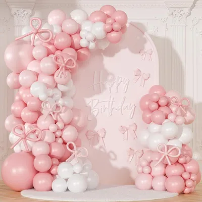 Zdjęcie produktu dla Balony różowe i białe, 113 sztuk. Girlanda, róża, kokardka