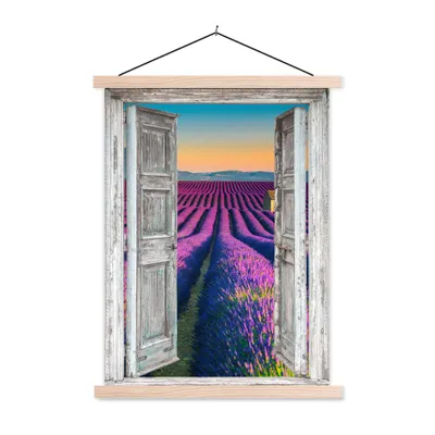 Produktbild von MuchoWow® Textilposter Lavendel - Sommer - Ausblick - Blumen 120x160 cm mit holzfarbenen Rahmen - Plakatkarton