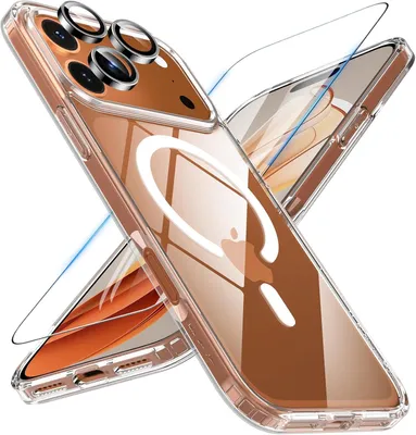 A clear protective case for an iPhone with MagSafe and camera lens protectors.