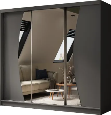 Produktbild von AGMAT Schwebetürenschrank Bergen, Kleiderschrank mit 3 Türen und Spiegel, Moderne Garderobe in Farbe: Graphit / Graphit, Schrank in Größe: 240 x 216 x 61 cm