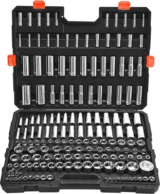 Produktbild von Steckschlüsselsatz, 163-teilig, 9,5 & 6,4 & 12,7 mm Antrieb, SAE und metrisch, tief und standard, Mechaniker-Werkzeugsatz mit Aufbewahrungskoffer, verchromter CR-V-Legierungsstahl, für Kfz-Reparaturen