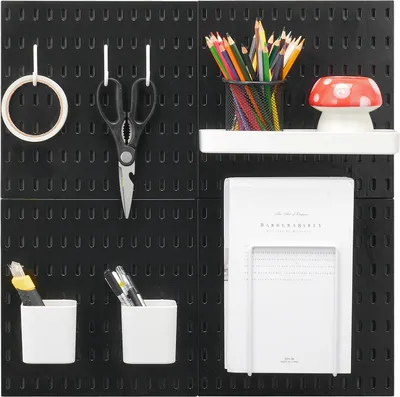 Image de SucceBuy Ensemble de tableaux à fiches en plastique 11" x 11", 4 panneaux, organisateur mural avec accessoires, pour garage, cuisine, bureau, noir