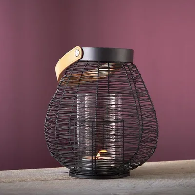 Produktbild von Ø21cm Windlicht Metall Laterne Schwarz Henkel Glas Deko Vase Indoor Outdoor