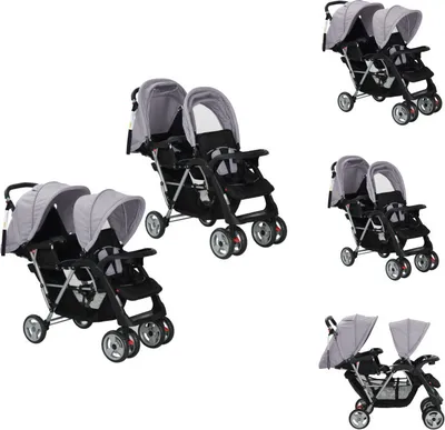 Produktbild von vidaXL Tandem-Kinderwagen Stahl Grau und Schwarz -  Kinderwagen