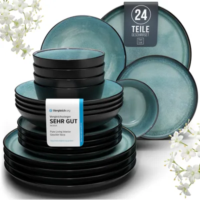 Produktbild von Steingut Geschirrset 6 Pers. Ibiza 24-tlg Hochwertiges Mediterranes Geschirr Set - Schüssel- und Teller Set - Tafelservice 6 Personen Geschirrsets