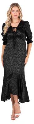 Produktbild von Lovedrobe Damen Midikleid, schwarz, mit Leopardenmuster und Jacquard-Webart, mit Schluppenärmeln und Bindeband vorne