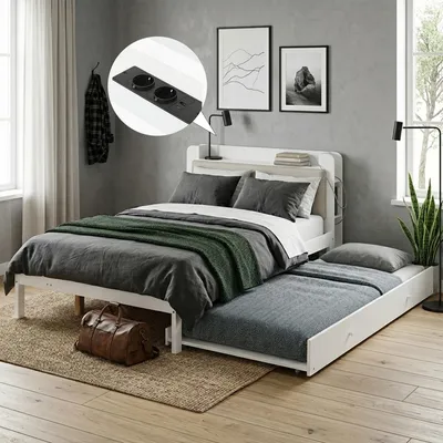 Produktbild von Funktionsbett 120x200 cm mit Ausziehbett 90x190 cm, gepolstertem Kopfteil, Regal, Ladestation und Stauraum, Holzbett, Gästebett, Weiß