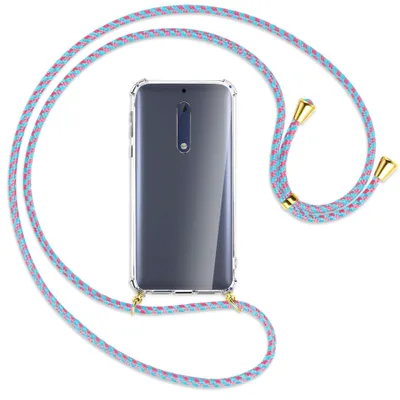 Produktbild von Handykette Backcover-Schutzhülle mit Band (Metall goldfarben) für Nokia 5 - pink/mint