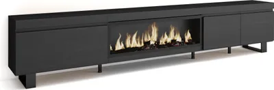 A long, black TV cabinet with a built-in electric fireplace.