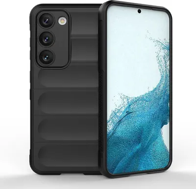A black phone case is shown next to a smartphone.